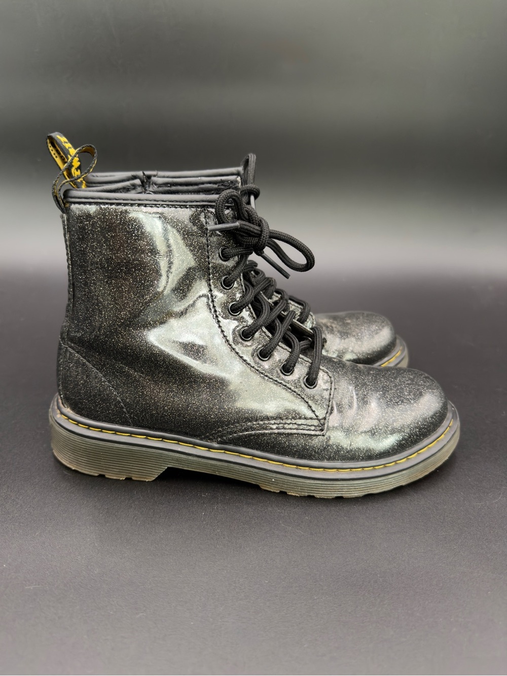 Dr. Martens Glitter Patent Lace Up Boots | Black Sparkle | Youth Size 3